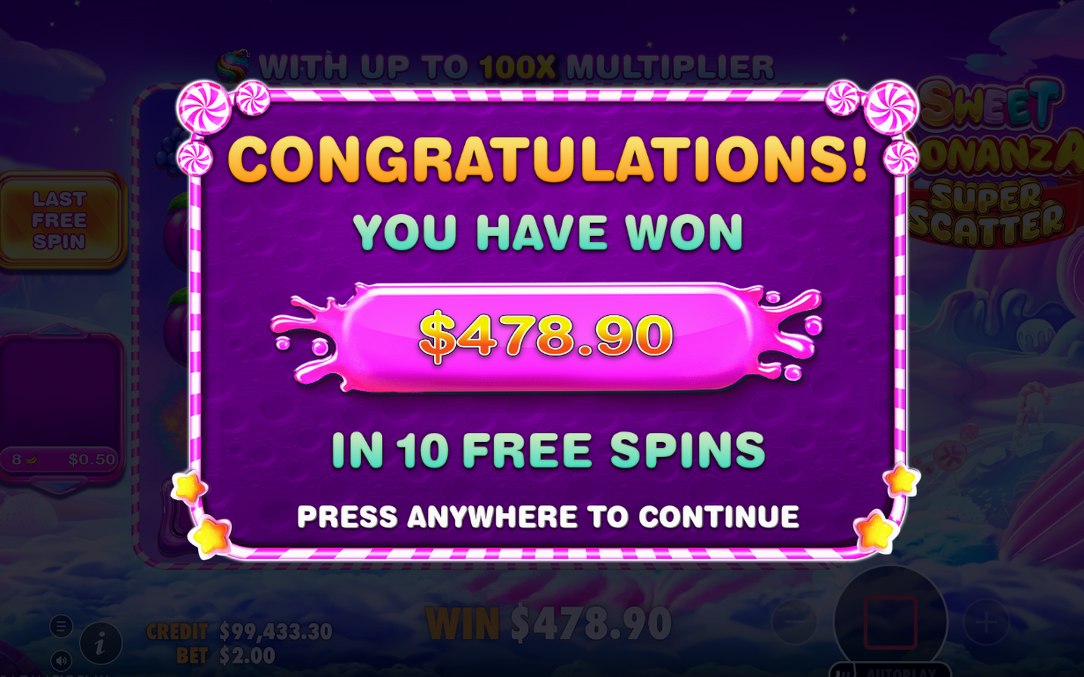 Another win screen, showing the win after tumbles