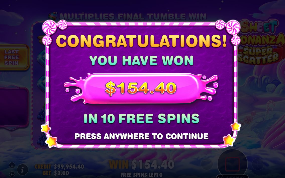 Win screen with tumbling symbols after a win