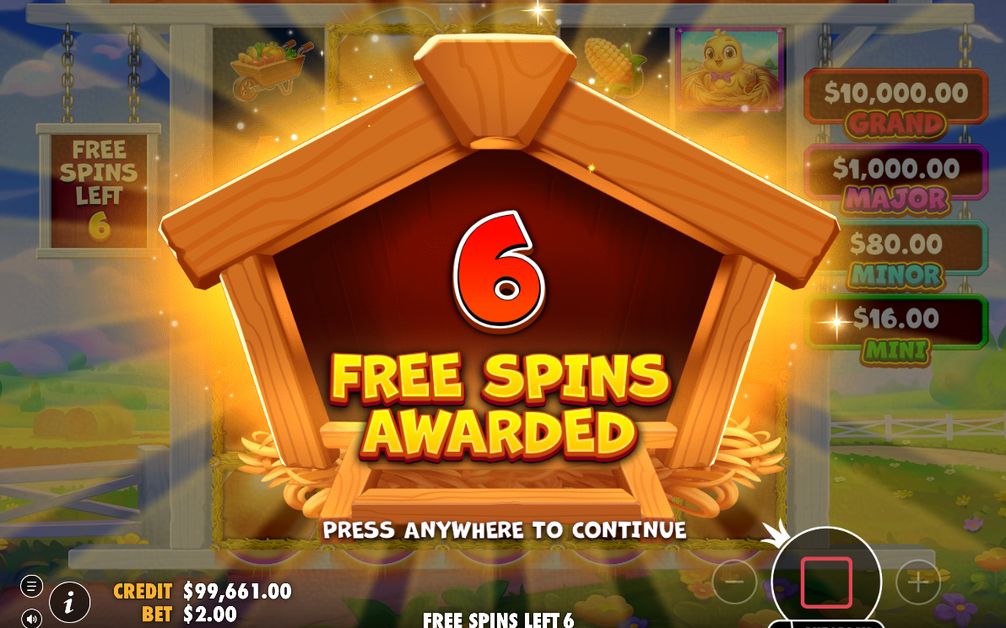 Feature screen with Golden Egg, Windmill or Barn House options