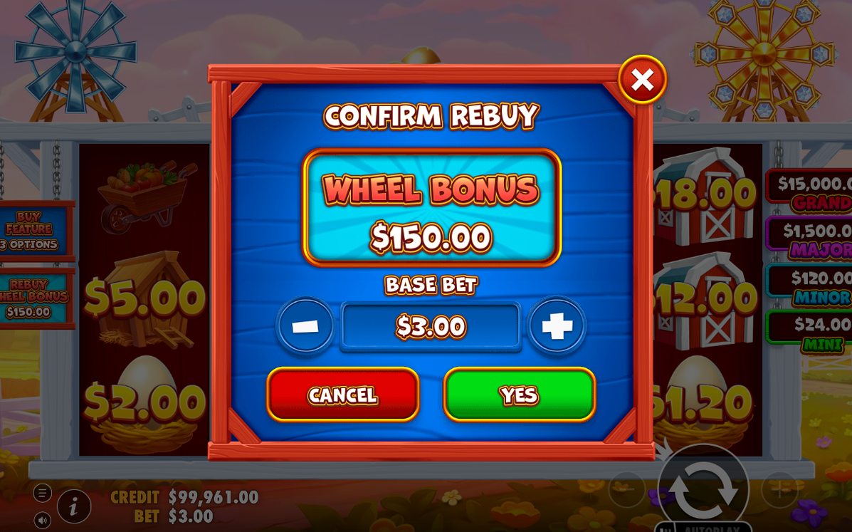 Wheel Bonus screen with the spinning wheel and its outcomes
